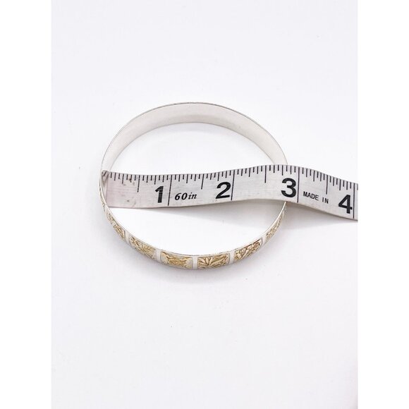 Vintage Sterling Silver & Gold Vermeil Panel Bangle Bracelet 925 Floral Motif - Picture 4 of 7